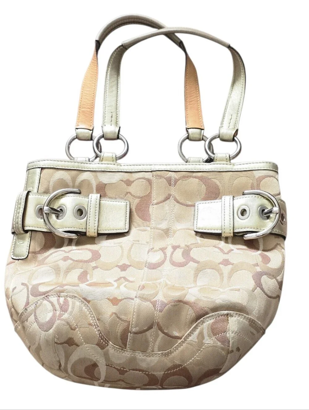 Coach Signature Optic C Canvas Shoulder Bag in Beige Tan with Metallic Accents